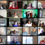 A screenshot of older adults during a live interactive zoom performance.