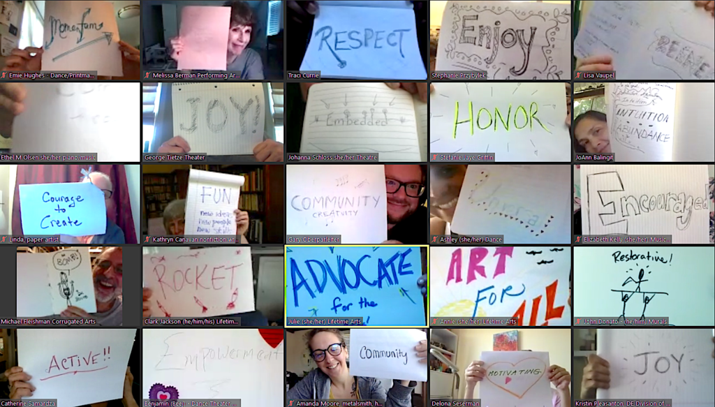 Screenshot of participants from an activity during the Delaware teaching artist training.