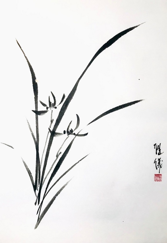 A black and white brush painting of orchids