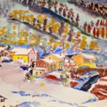 A colorful painting of a village surrounded by a snowy mountain lined with trees.