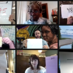 Teaching artists in Ohio hold up cards indicating how old they feel "internally."