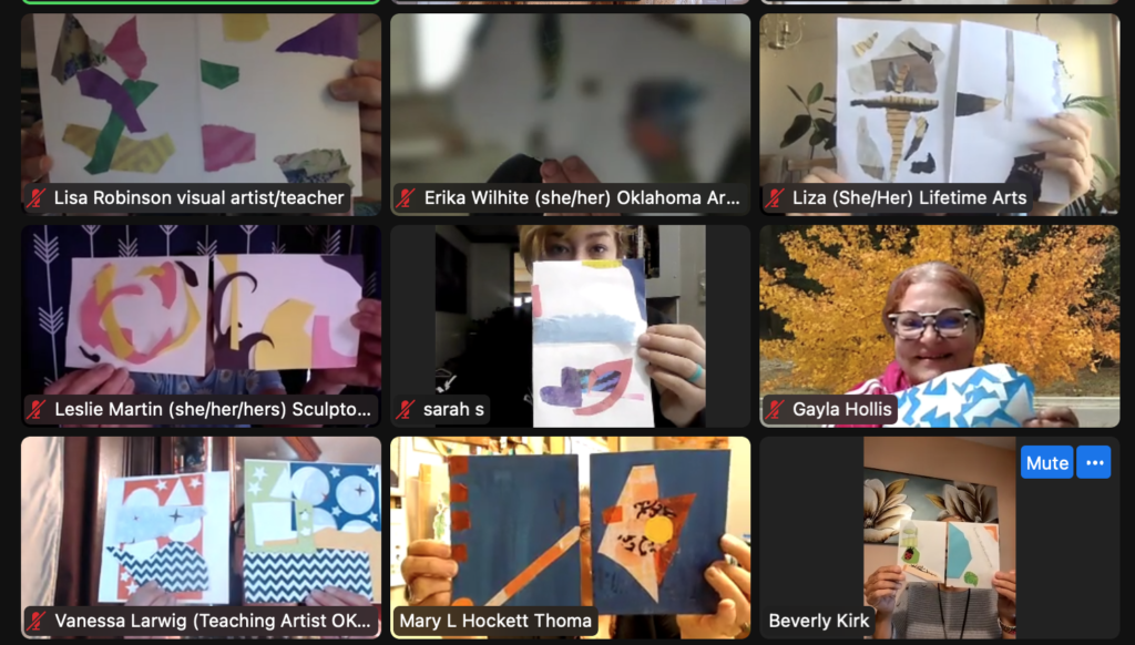 A screenshot from a Lifetime Arts remote training for Oklahoma teaching artists. They are holding up their artwork.