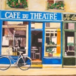 Painting of a French cafe. The exterior is painted blue.